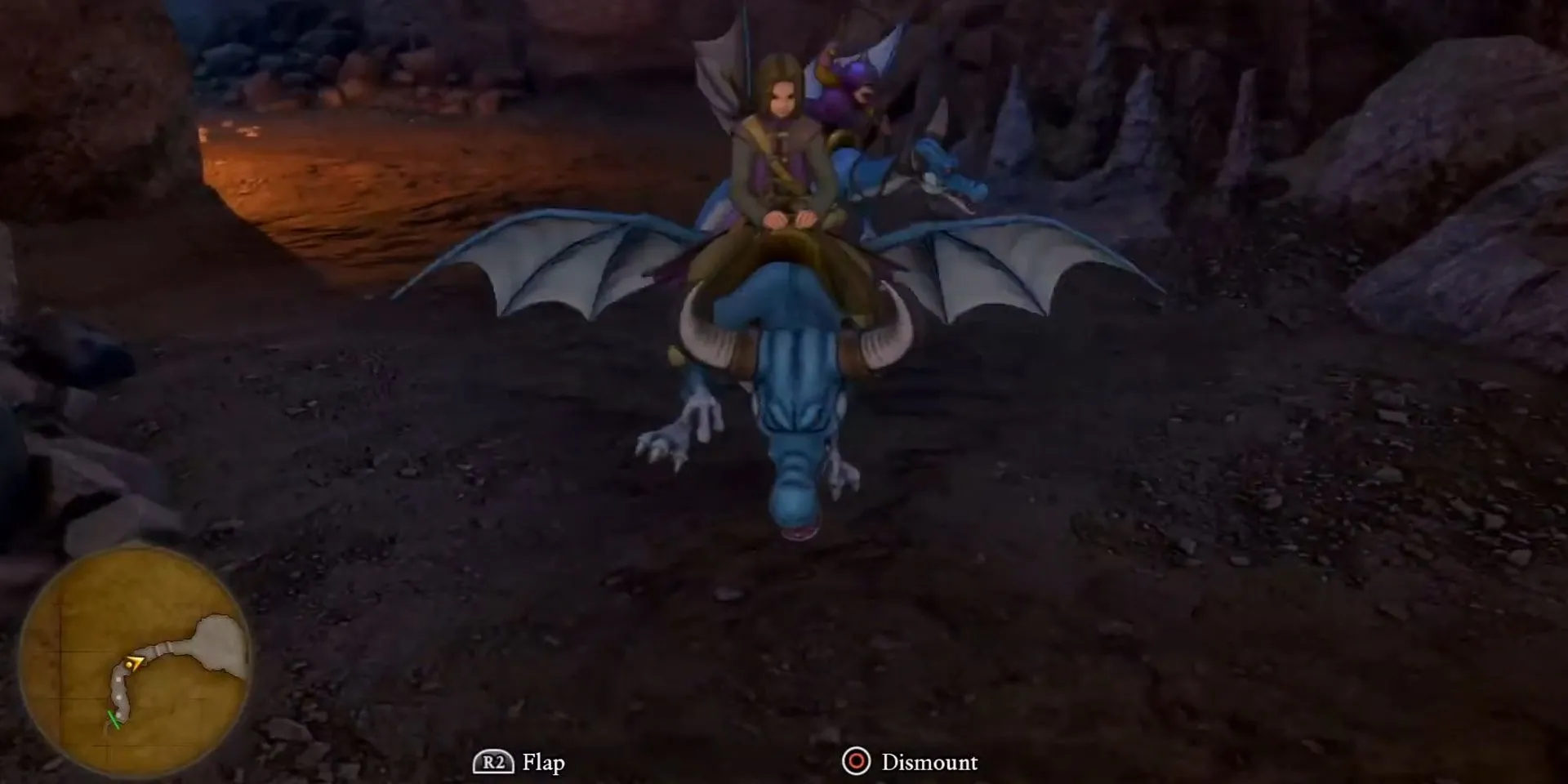 Nhân vật chính cưỡi một con rồng chiến đấu trong Dragon Quest XI
