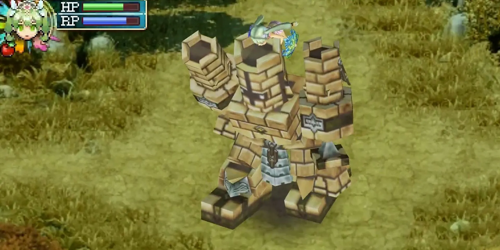 Nhân vật chính cưỡi một Golem khổng lồ trong Rune Factory 4