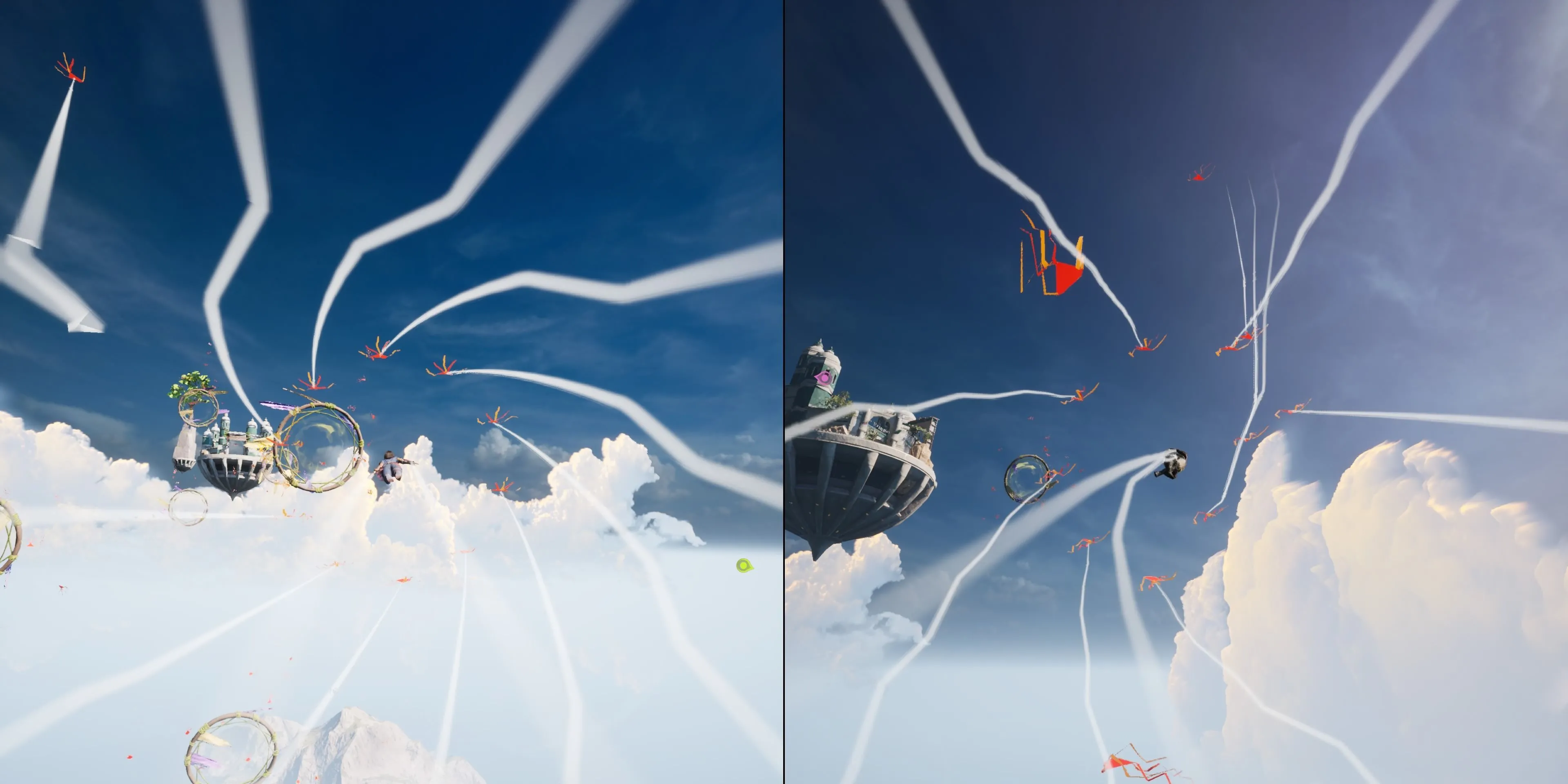 Nhân vật chính đang bay lượn trong màn chơi phụ Kites của Split Fiction