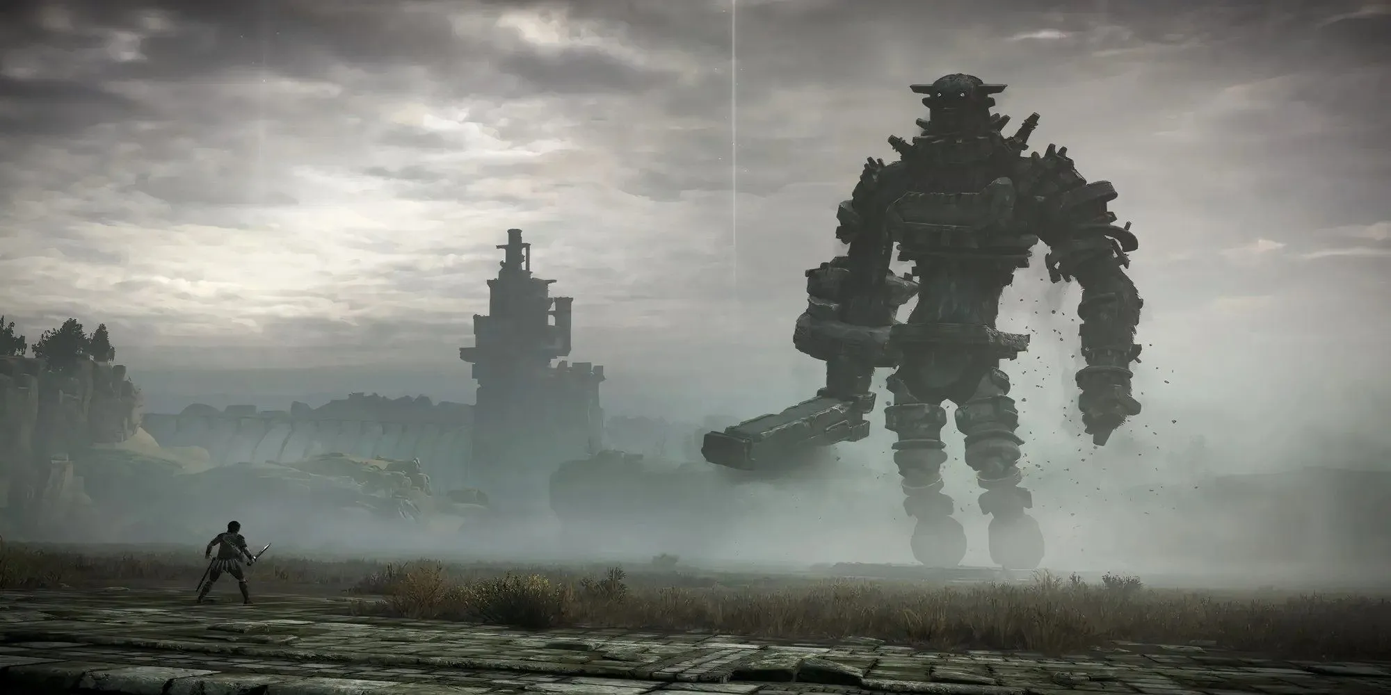 Nhân vật chính đối mặt Colossus khổng lồ trong Shadow of the Colossus