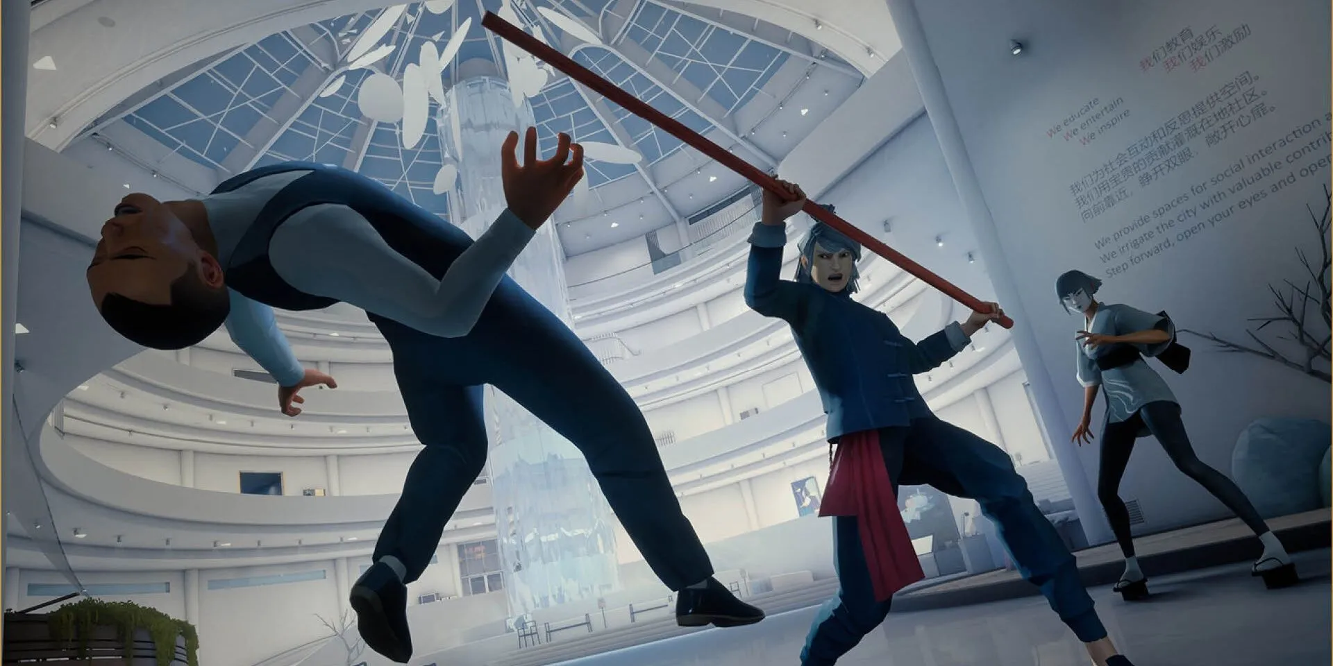 Nhân vật chính hạ gục đối thủ bằng gậy trong game Sifu