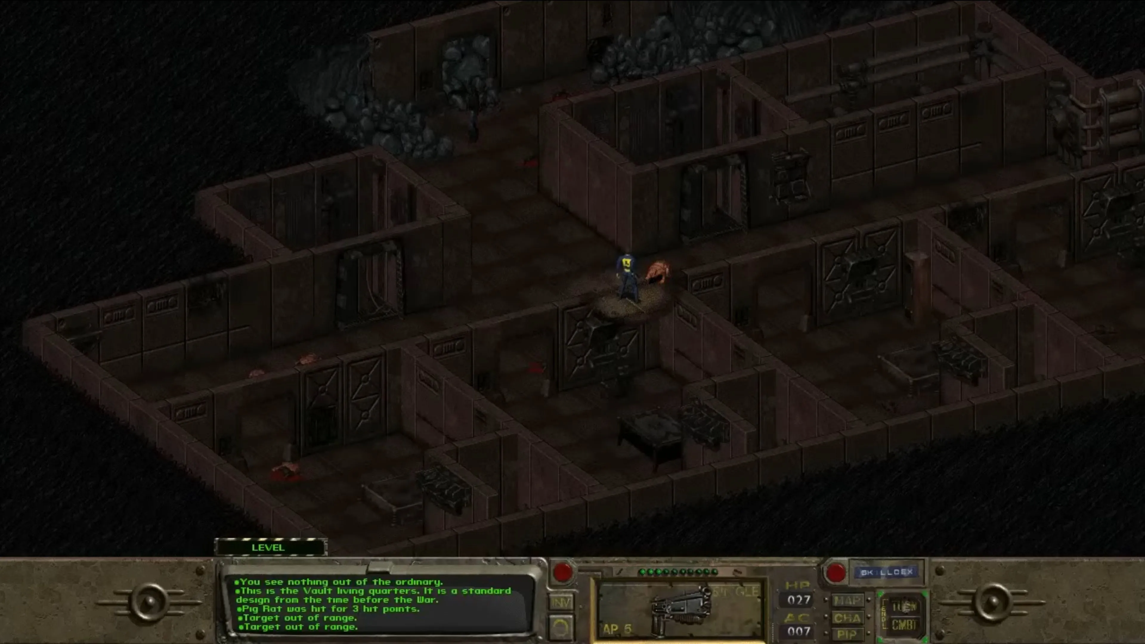 Nhân vật chính khám phá một khu vực đổ nát hoang tàn trong Fallout cổ điển