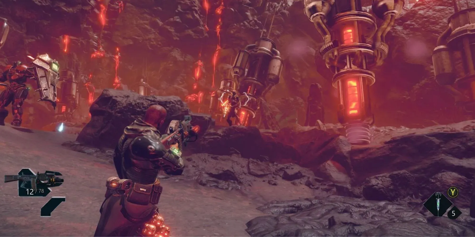 Nhân vật chính ngắm bắn trong game Immortal Unchained với bối cảnh khoa học viễn tưởng