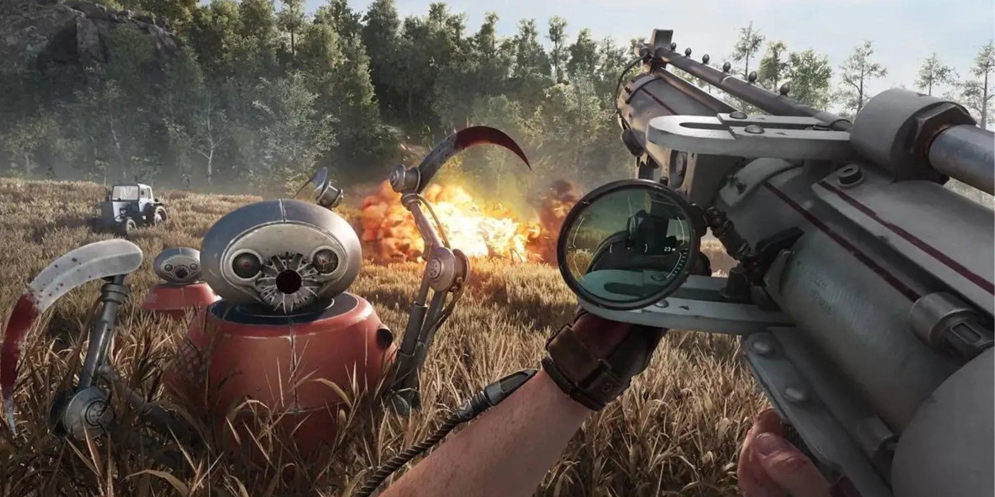 Nhân vật chính P-3 chiến đấu với robot nông nghiệp nổi loạn trong thế giới retrofuturistic của Atomic Heart