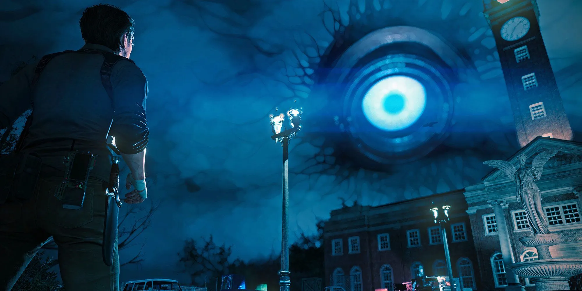 Nhân vật chính Sebastian Castellanos nhìn lên con mắt khổng lồ trên bầu trời trong The Evil Within 2