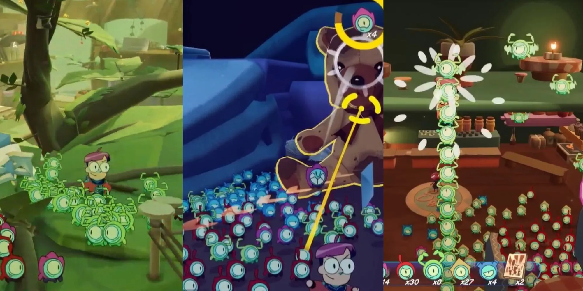 Nhân vật chính trong game Tinykin được bầy sinh vật nhỏ Tinykin vây quanh