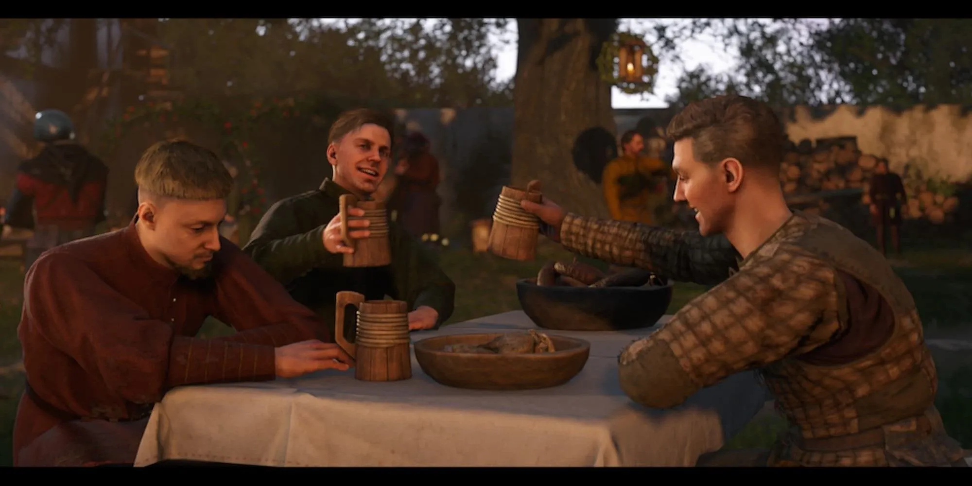 Nhân vật chính và Hans Capon đang ăn uống trong quán trọ ở Kingdom Come Deliverance 2