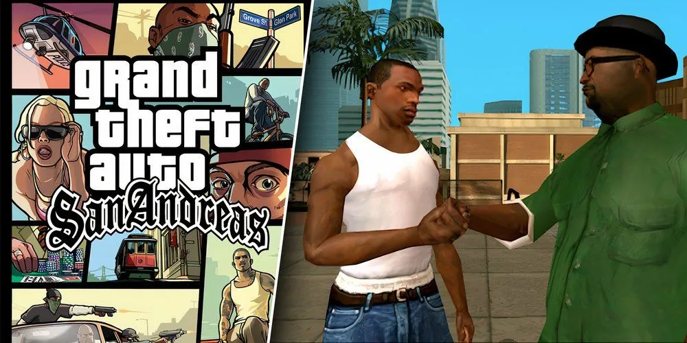 Nhân vật CJ lái xe trong thế giới mở rộng lớn của GTA San Andreas trên PS2
