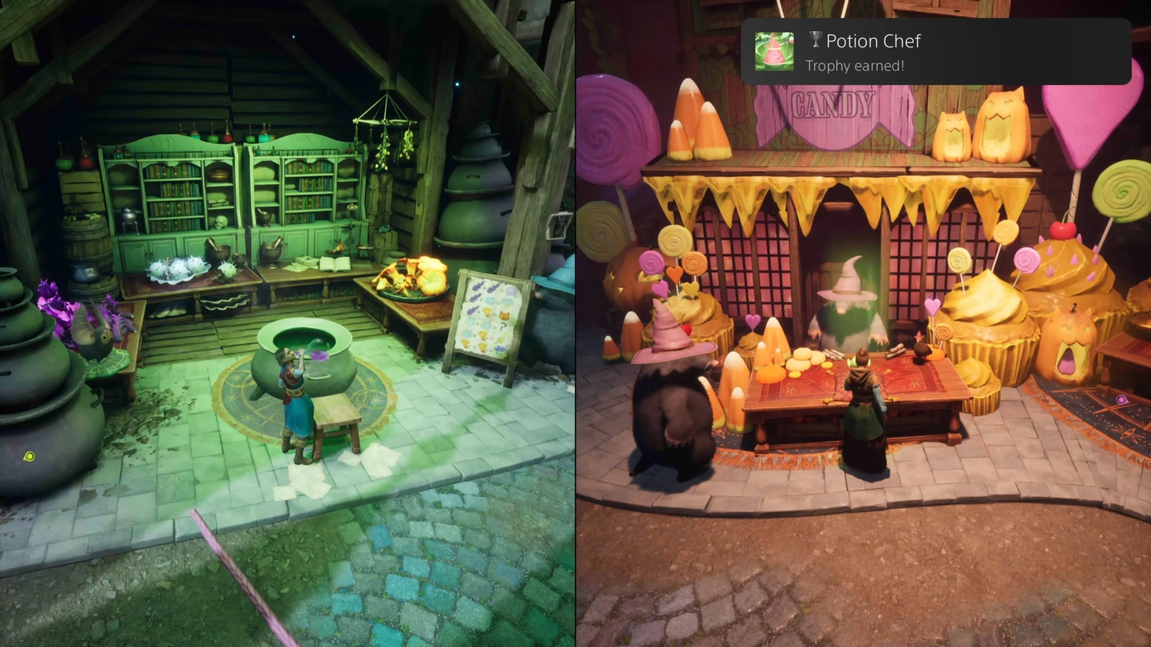 Nhân vật đang pha chế độc dược để nhận trophy Potion Chef tại Chợ Mặt Trăng trong Split Fiction
