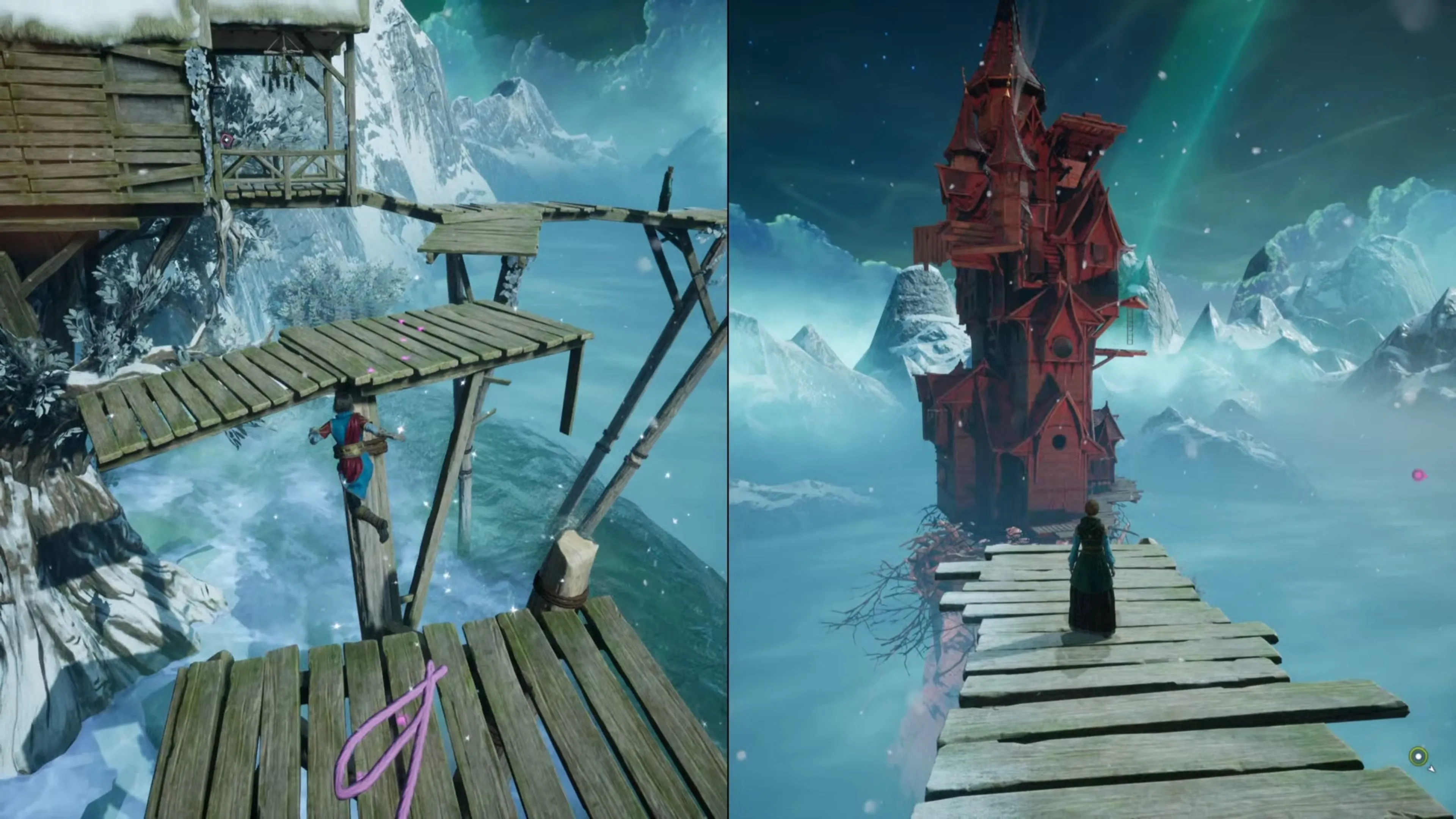 Nhân vật đuổi theo mèo ma hồng trong khu vực Chợ Mặt Trăng của game Split Fiction
