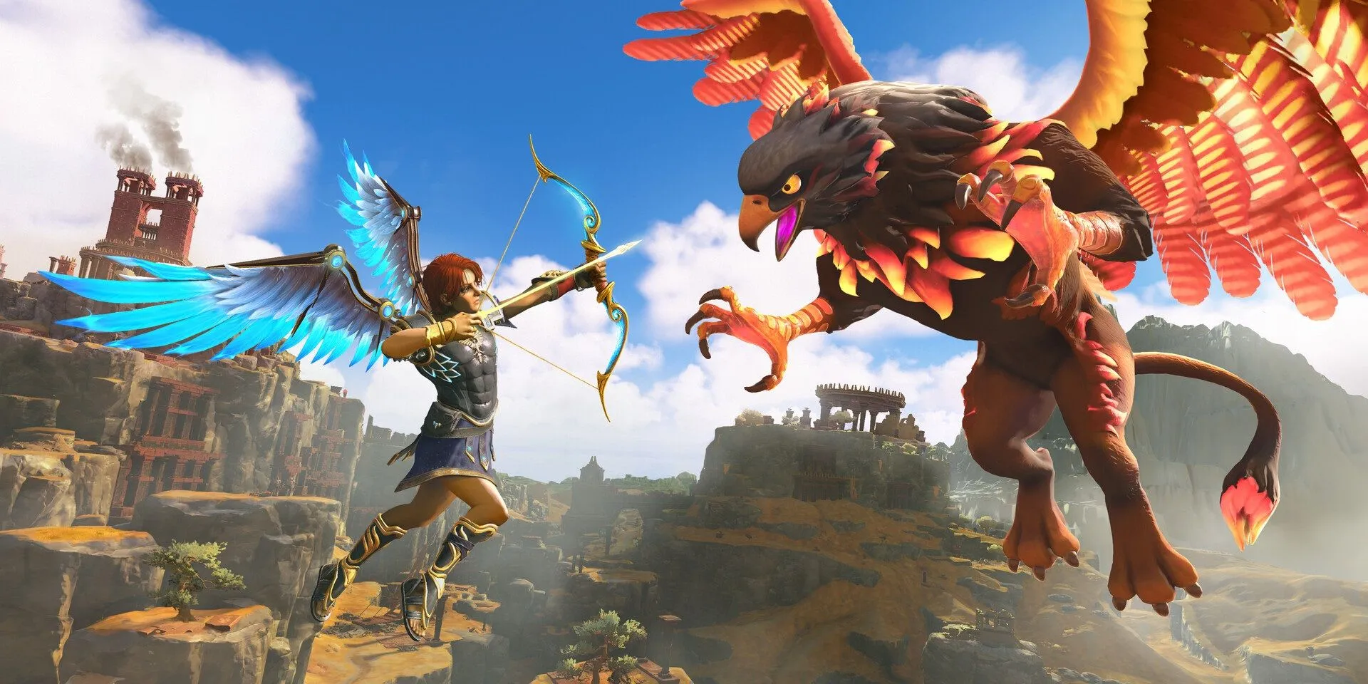 Nhân vật Fenyx bay lượn trên một thế giới mở đầy màu sắc trong Immortals Fenyx Rising