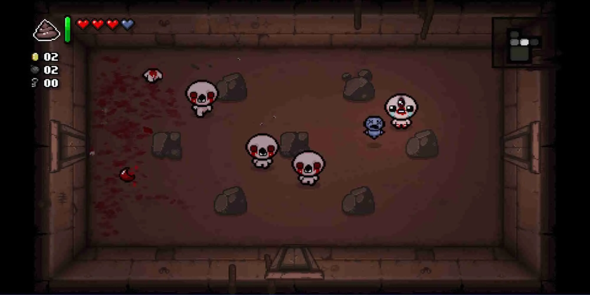Nhân vật Isaac chiến đấu với quái vật trong hầm ngục tối tăm của The Binding of Isaac Rebirth