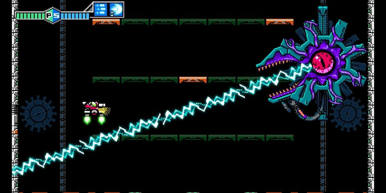 Nhân vật Jason Frudnick điều khiển xe tăng SOPHIA III chiến đấu với trùm Central Gear trong Blaster Master Zero