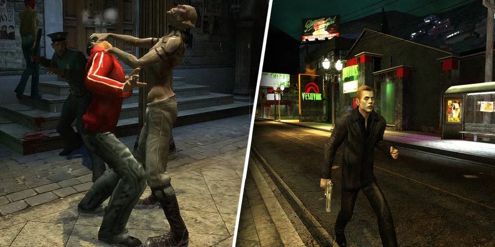 Nhân vật ma cà rồng trong game Vampire The Masquerade Bloodlines nhìn ra thành phố đêm