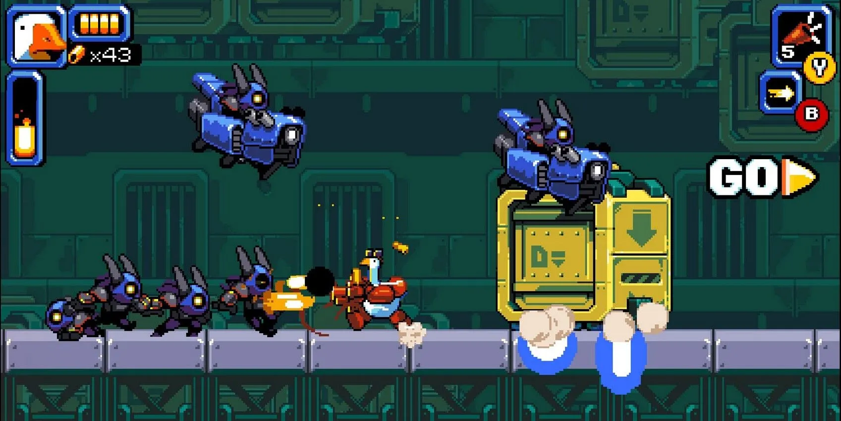 Nhân vật Mighty Goose chiến đấu với đám đông kẻ thù trong một cảnh game hỗn loạn