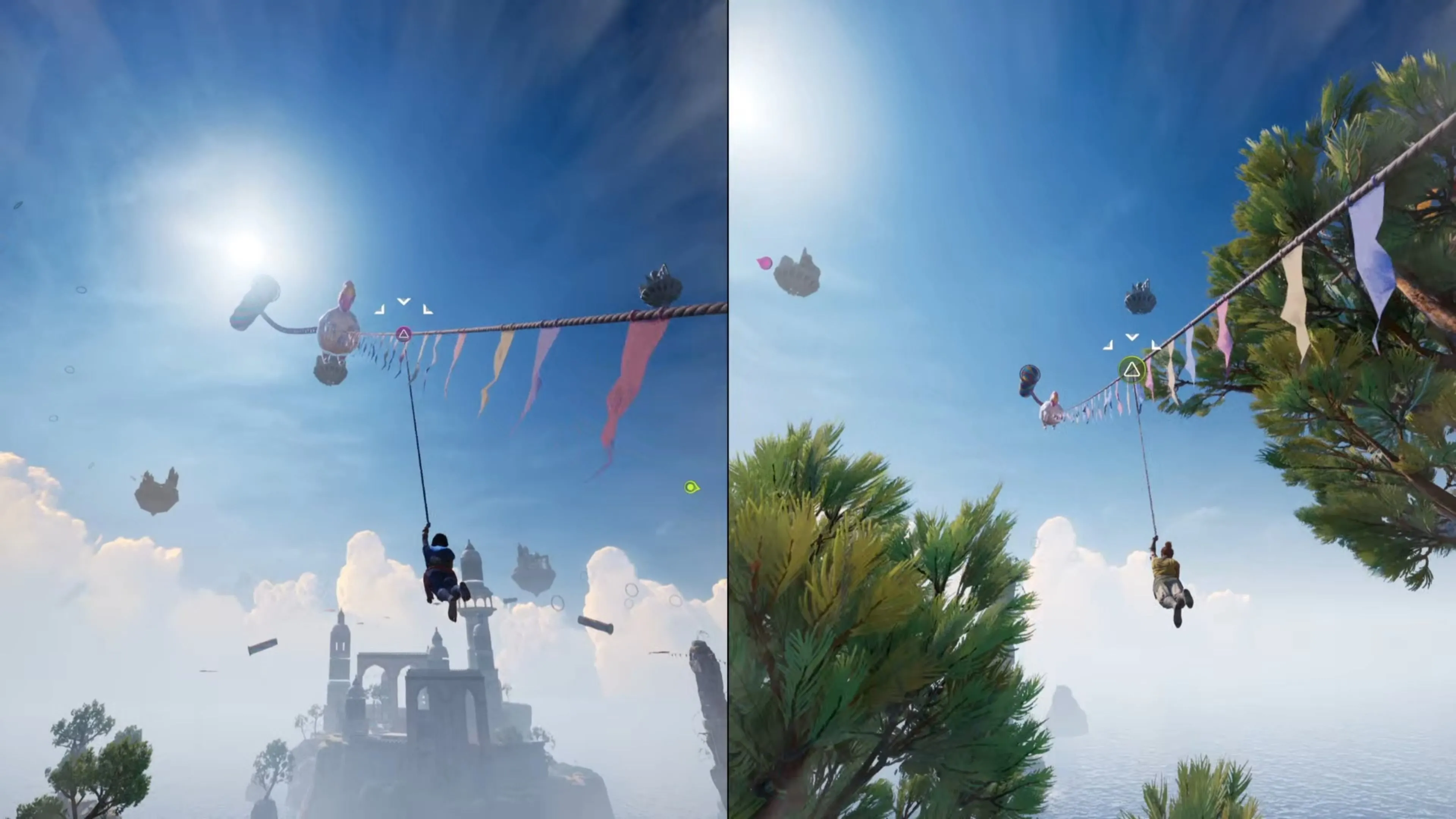 Nhân vật Mio đang đu trên một đường zipline trong màn chơi Kites của Split Fiction, phía xa là nhân vật Zoe.
