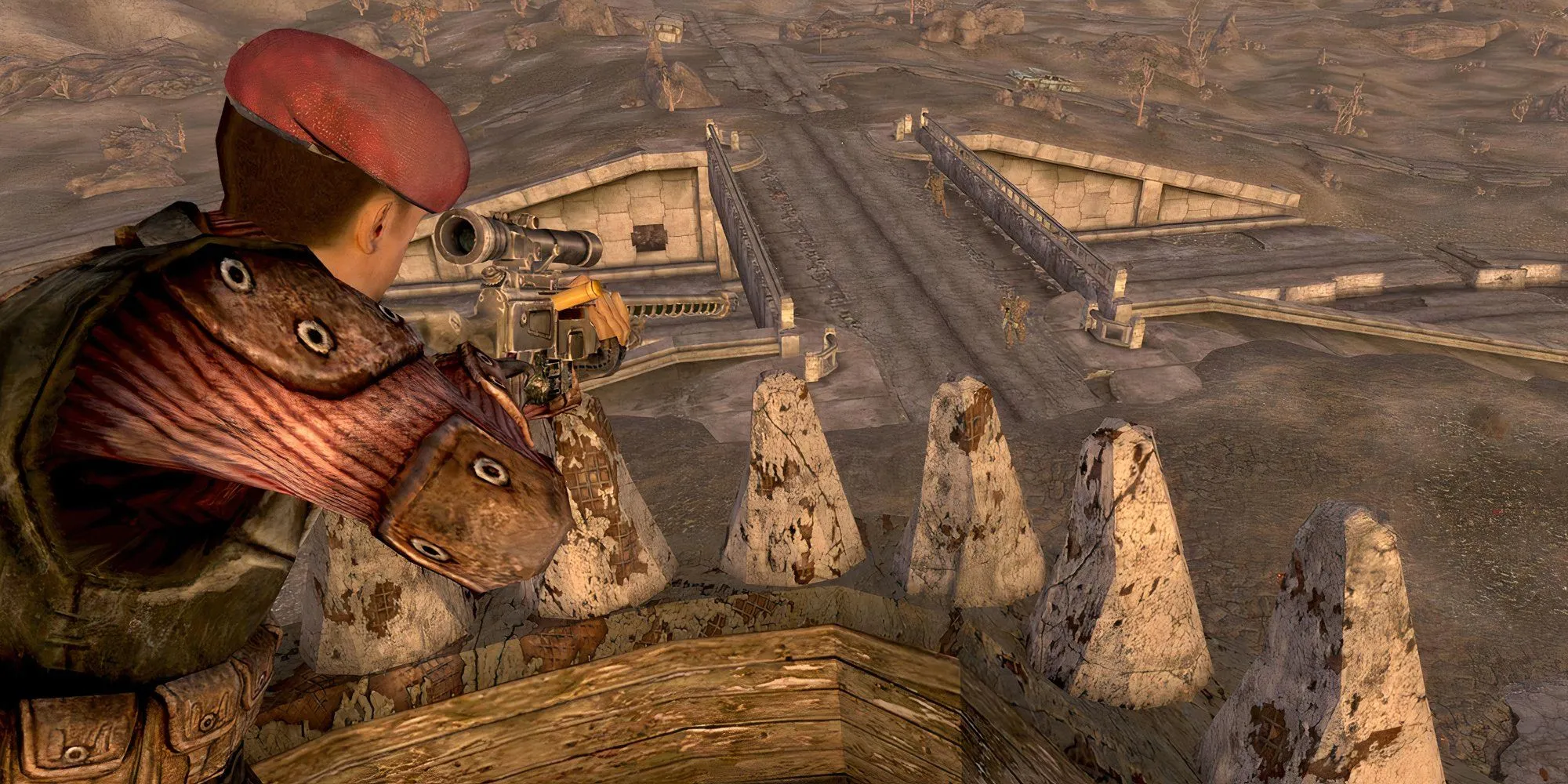 Nhân vật ngắm bắn từ trên cao trong thế giới hậu tận thế của Fallout New Vegas