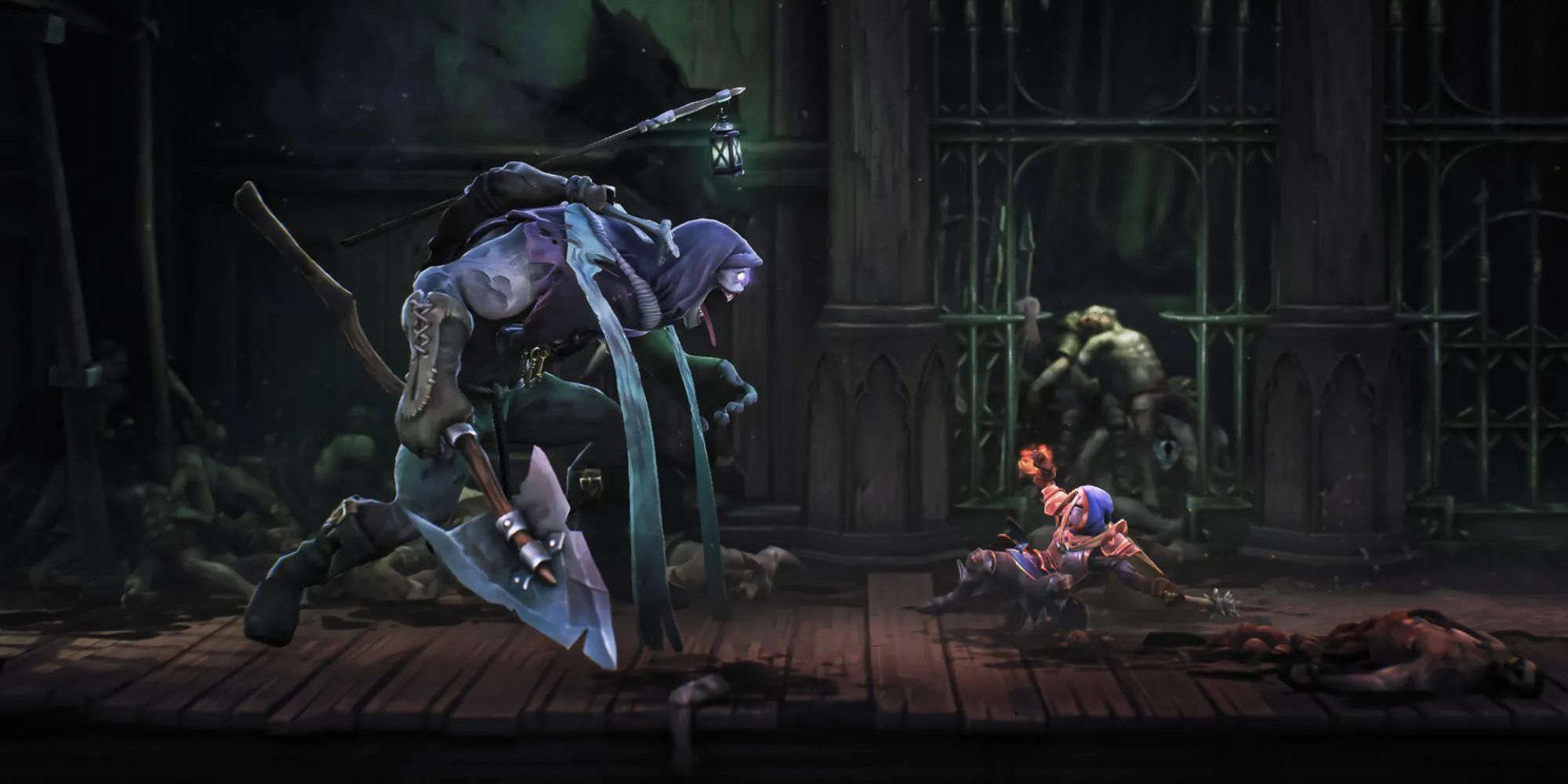 Nhân vật người chơi đang chiến đấu với nhiều kẻ thù trong môi trường game Mandragora, thể hiện lối chơi chiến đấu