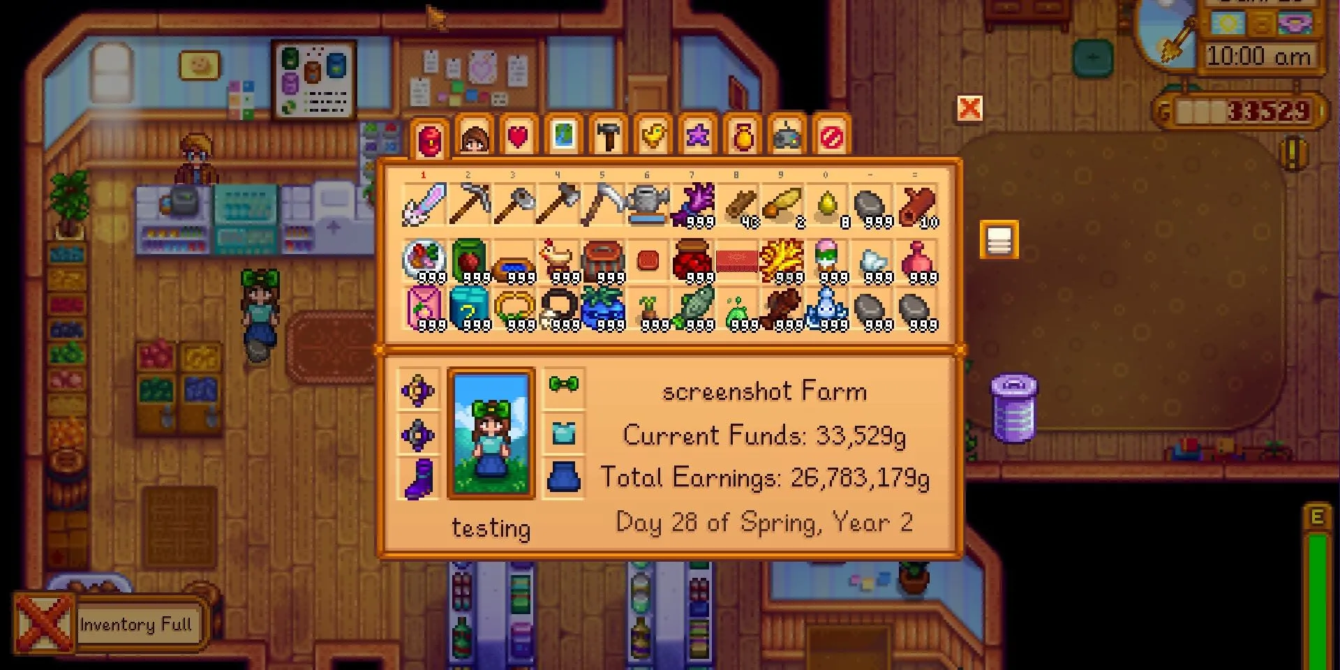 Nhân vật người chơi với túi đồ đầy trong Stardew Valley