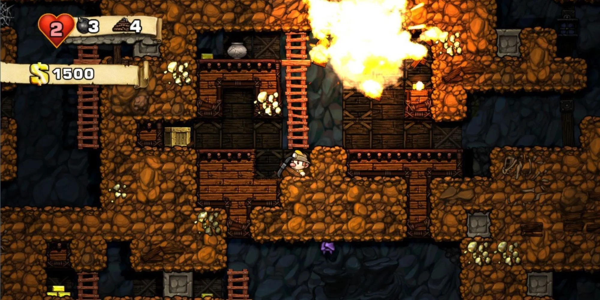 Nhân vật nhà thám hiểm trong Spelunky đang chuẩn bị cho chuyến phiêu lưu tốc độ cao