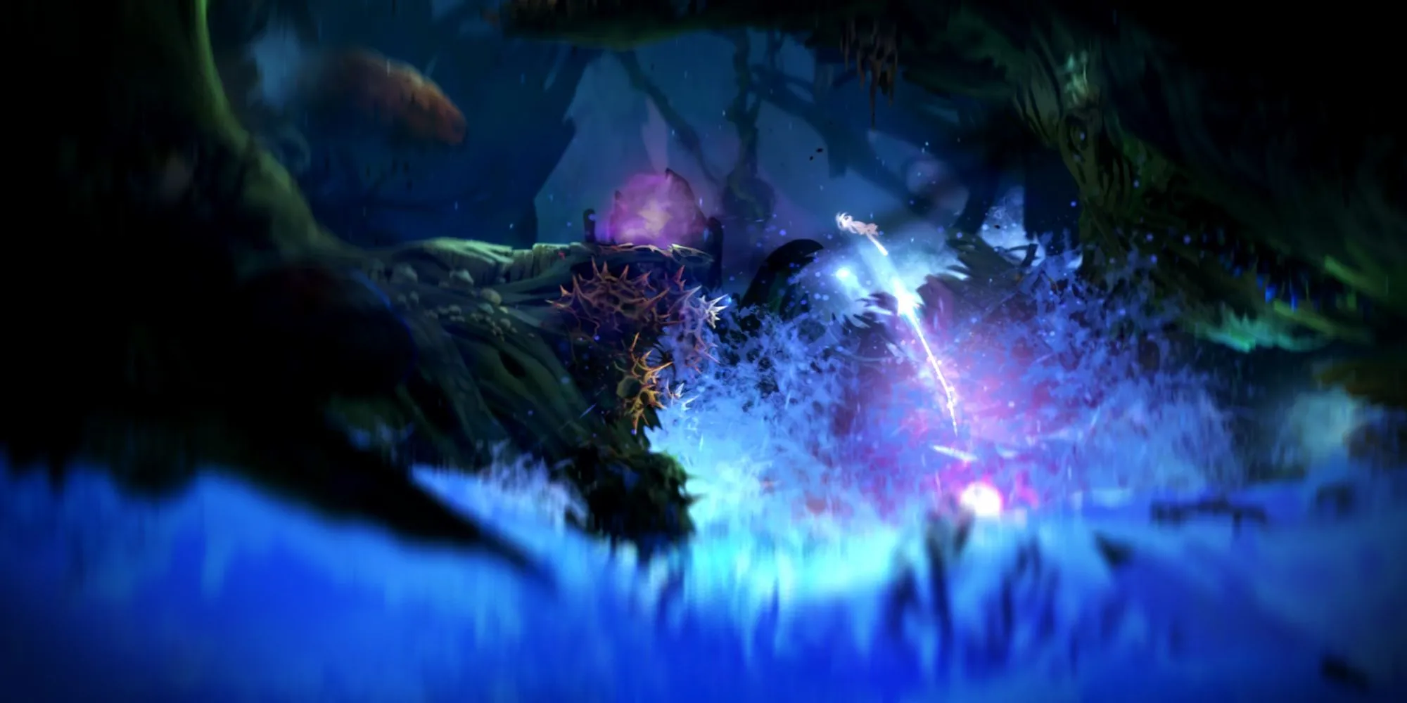 Nhân vật Ori đứng trước một khu rừng huyền ảo trong Ori and the Blind Forest