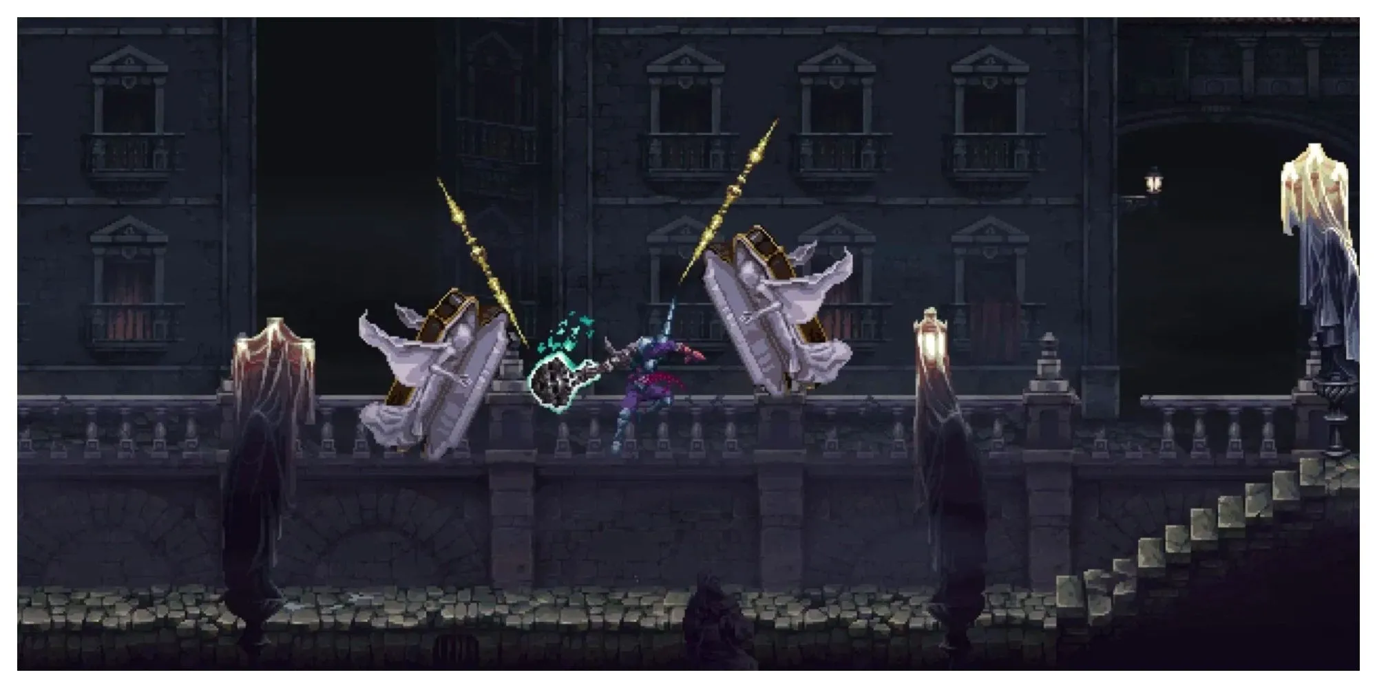 Nhân vật Penitent One trong Blasphemous 2 chiến đấu với kẻ thù pixel art ghê rợn