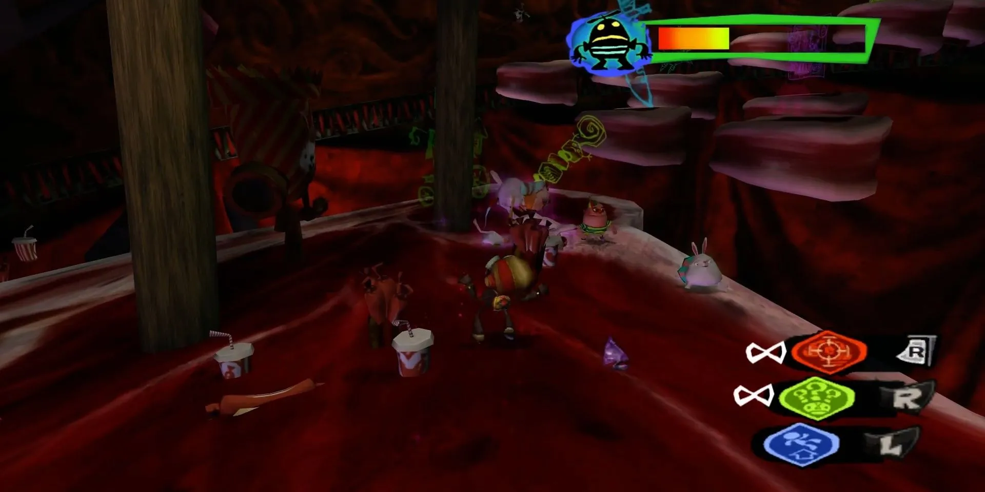 Nhân vật Raz bảo vệ Lil trong màn Meat Circus của Psychonauts đầy thử thách
