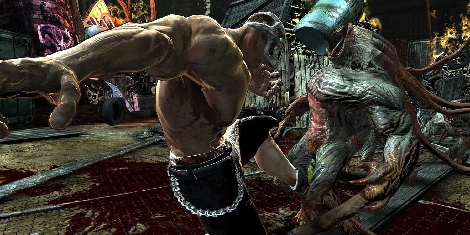 Nhân vật Rick dùng chân đá một kẻ thù trong Splatterhouse 2010