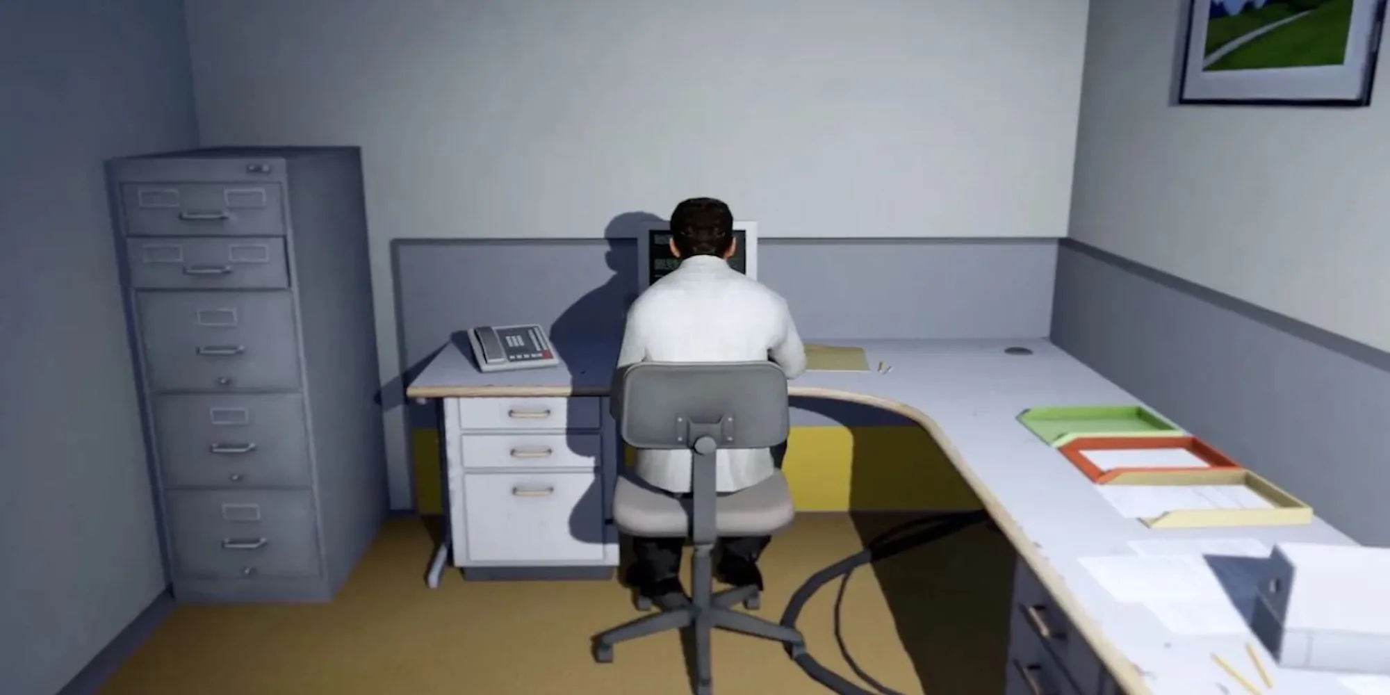 Nhân vật Stanley ngồi tại bàn làm việc trong game The Stanley Parable Ultra Deluxe