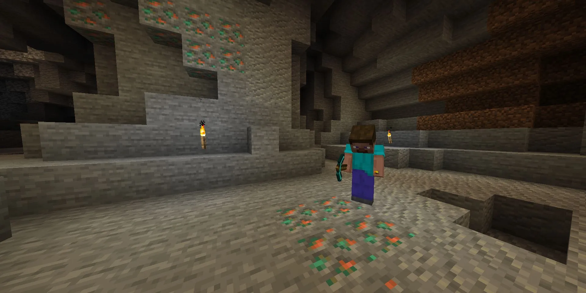 Nhân vật Steve đang khai thác quặng đồng trong Minecraft, một tài nguyên gây tranh cãi