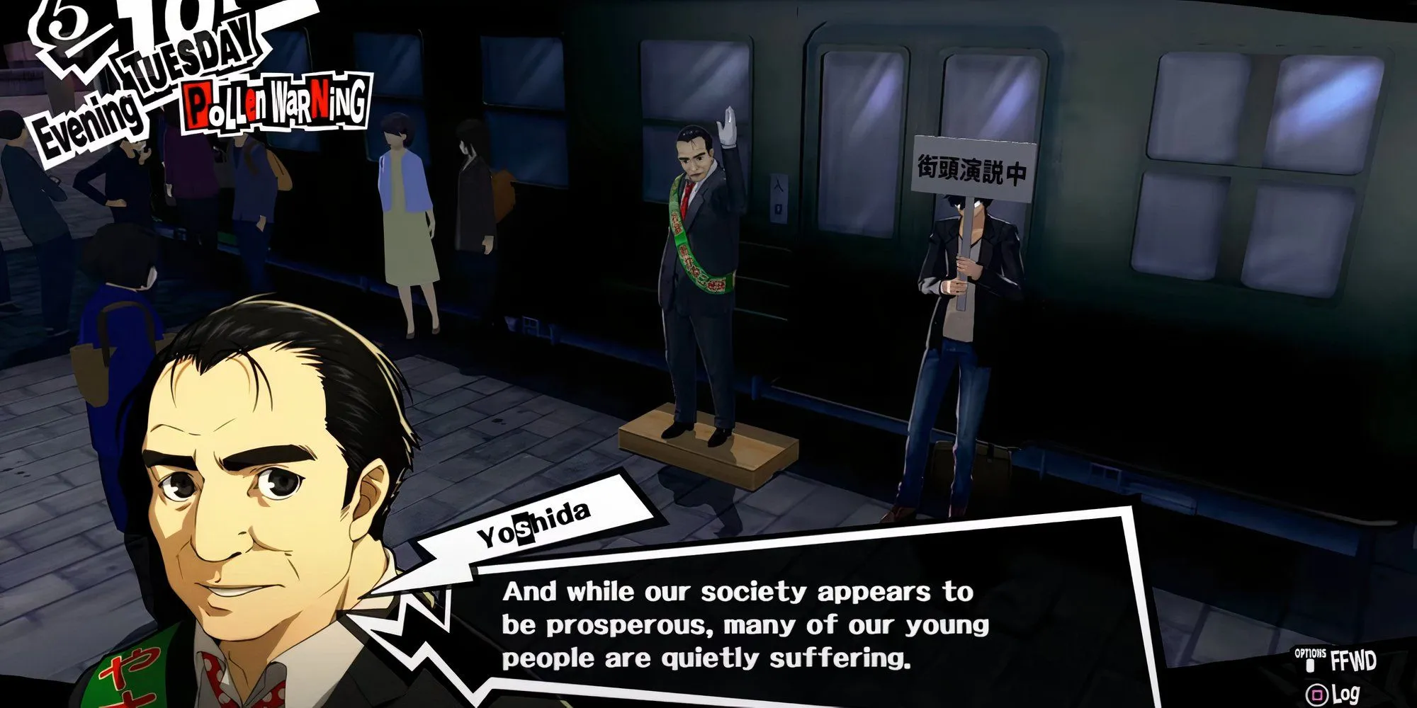 Nhân vật Toranosuke Yoshida đang diễn thuyết tại Shibuya trong Persona 5 Royal vào một buổi tối Chủ Nhật