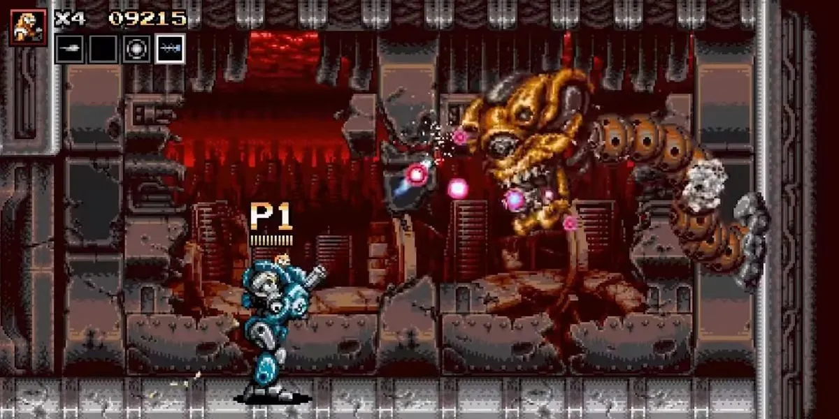 Nhân vật trong Blazing Chrome đang chiến đấu ác liệt trong một khung cảnh đậm chất tương lai đổ nát