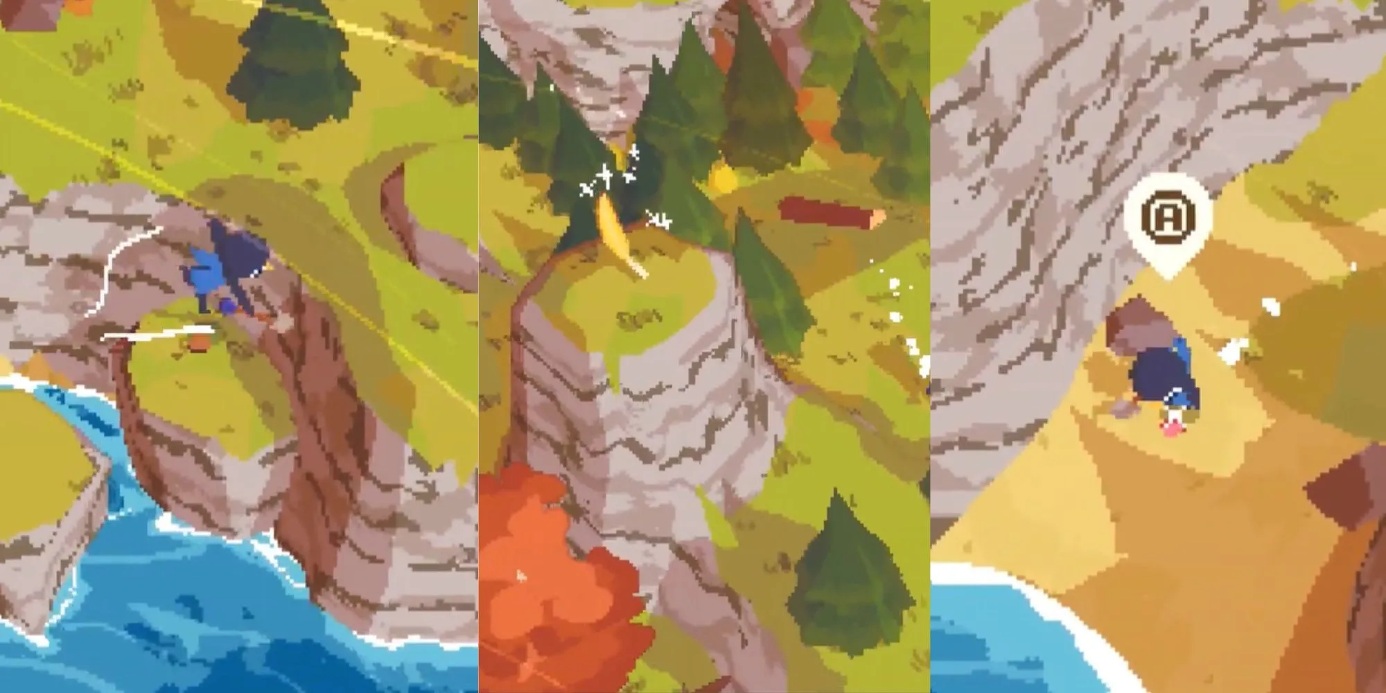Nhân vật trong game A Short Hike bay lượn tìm kiếm lông vũ vàng