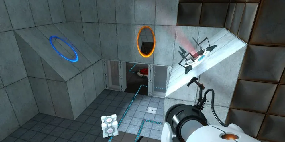 Nhân vật trong game Portal sử dụng súng portal gun để giải đố