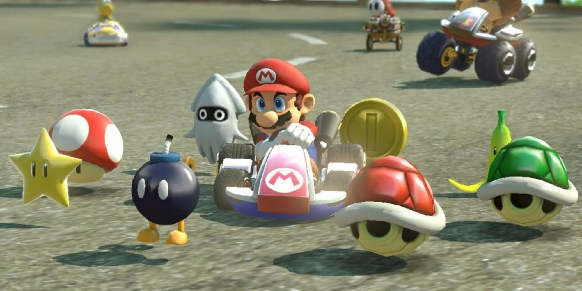 Nhân vật trong Mario Kart 8 Deluxe sử dụng vật phẩm Crazy 8 với nhiều item quen thuộc