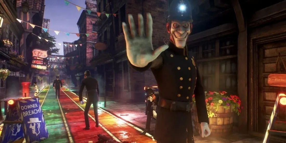 Nhân vật trong We Happy Few với khuôn mặt cười gượng gạo trong một thế giới đầy màu sắc giả tạo