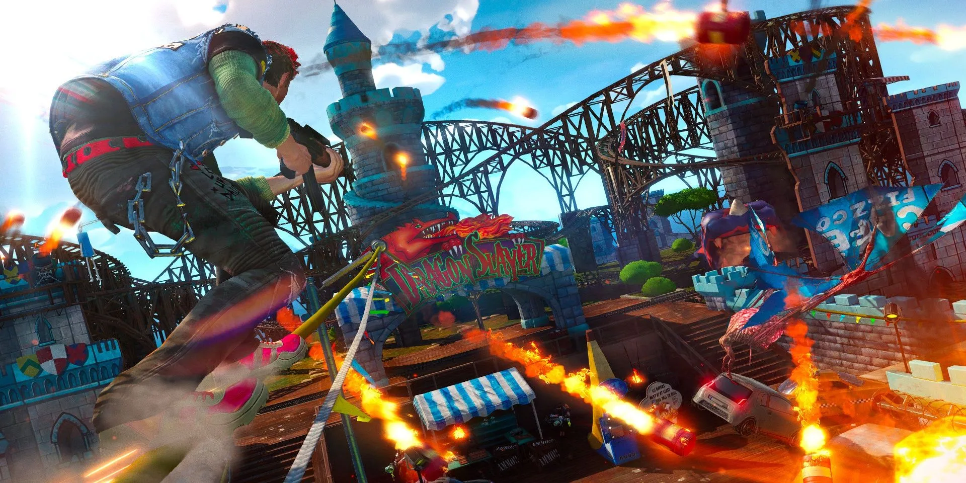 Nhân vật trượt dây điện đầy phong cách trong game Sunset Overdrive