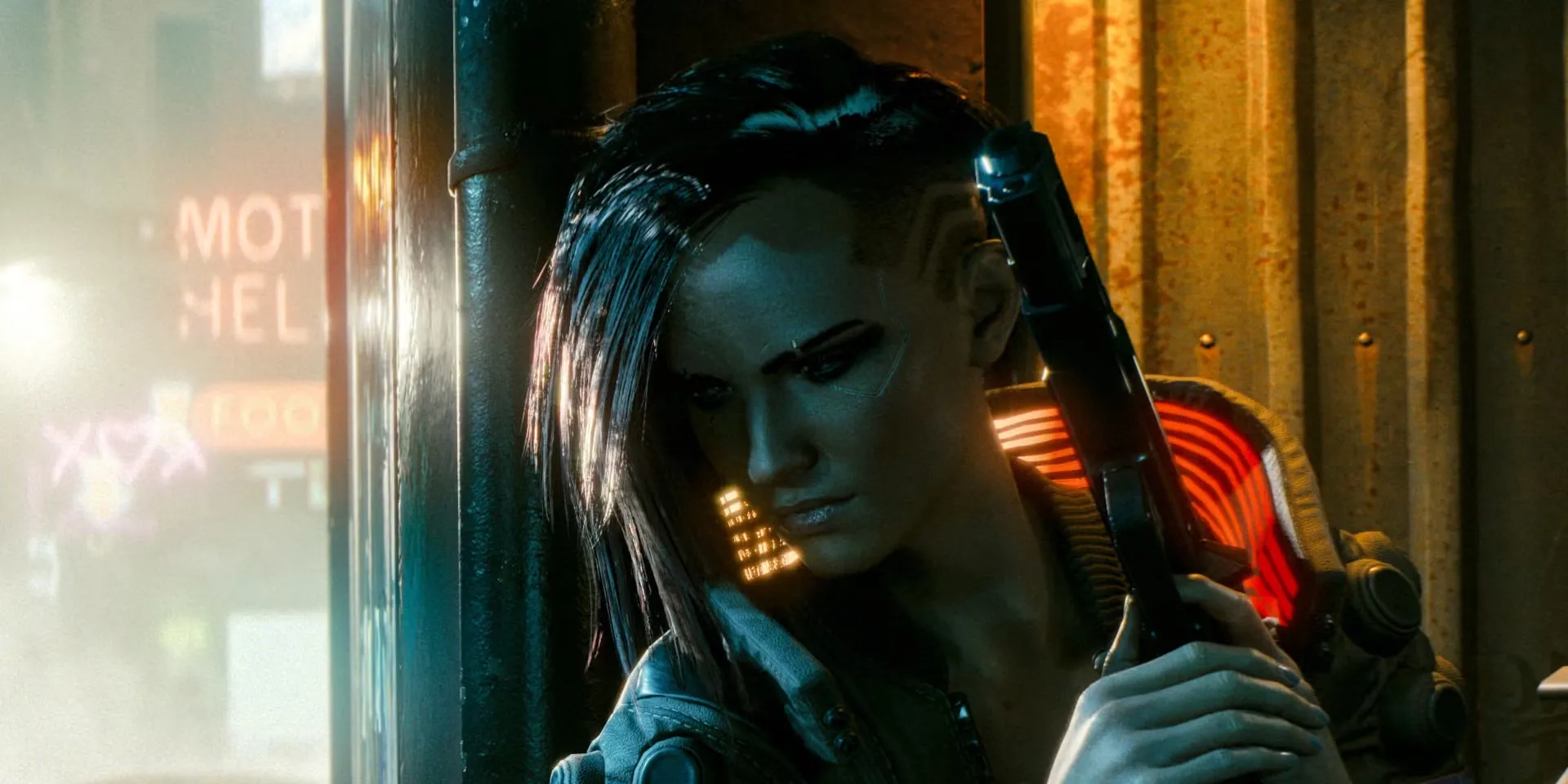 Nhân vật V trong Cyberpunk 2077 đứng giữa thành phố Night City