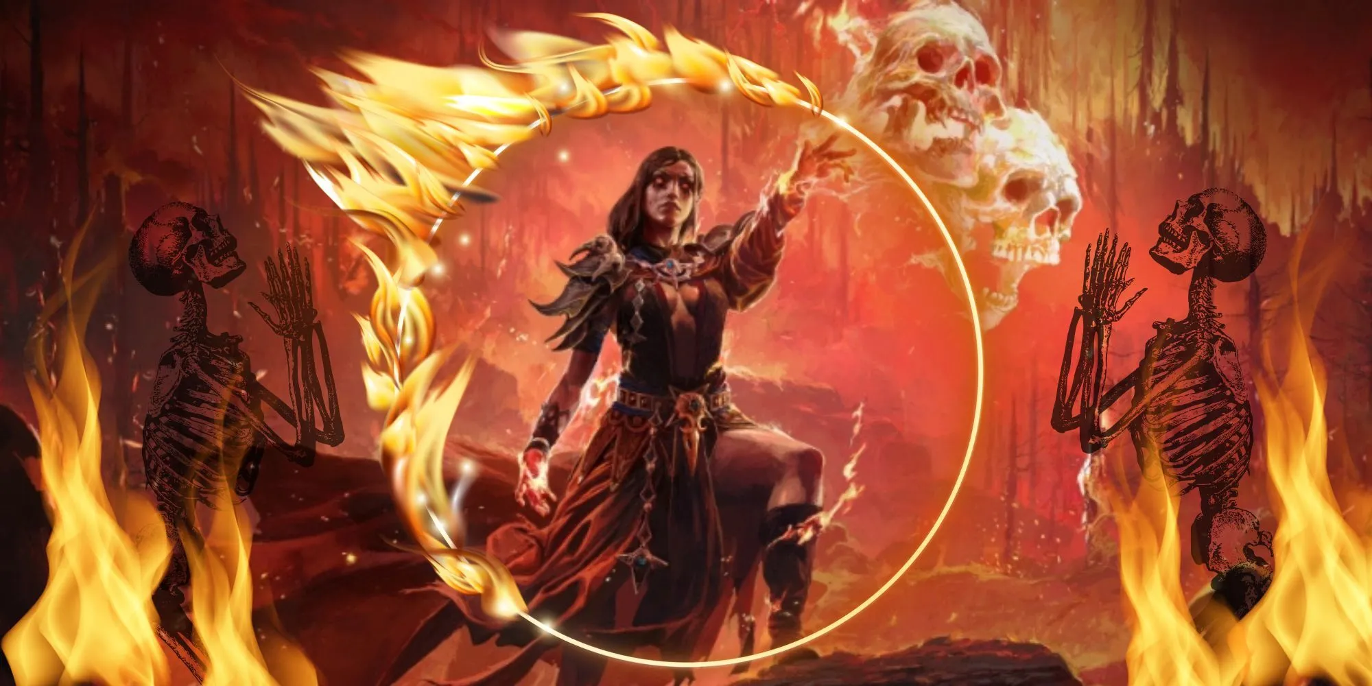 Nhân vật Witch trong Path of Exile II đang chiến đấu với quái vật bằng phép thuật lửa