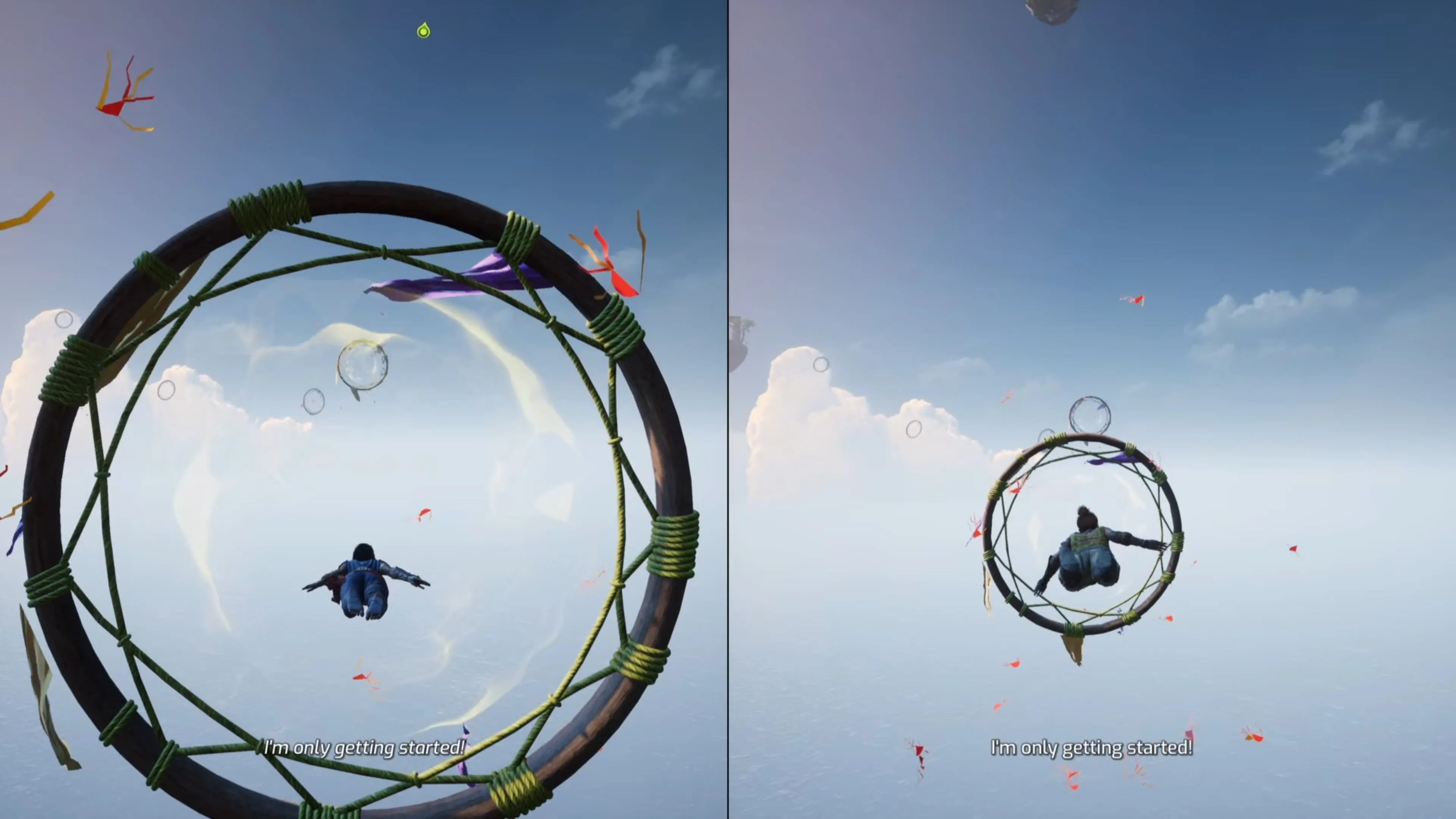 Nhân vật Zoe đang bay qua một loạt các vòng tròn phát sáng trên bầu trời trong màn chơi Kites của Split Fiction.