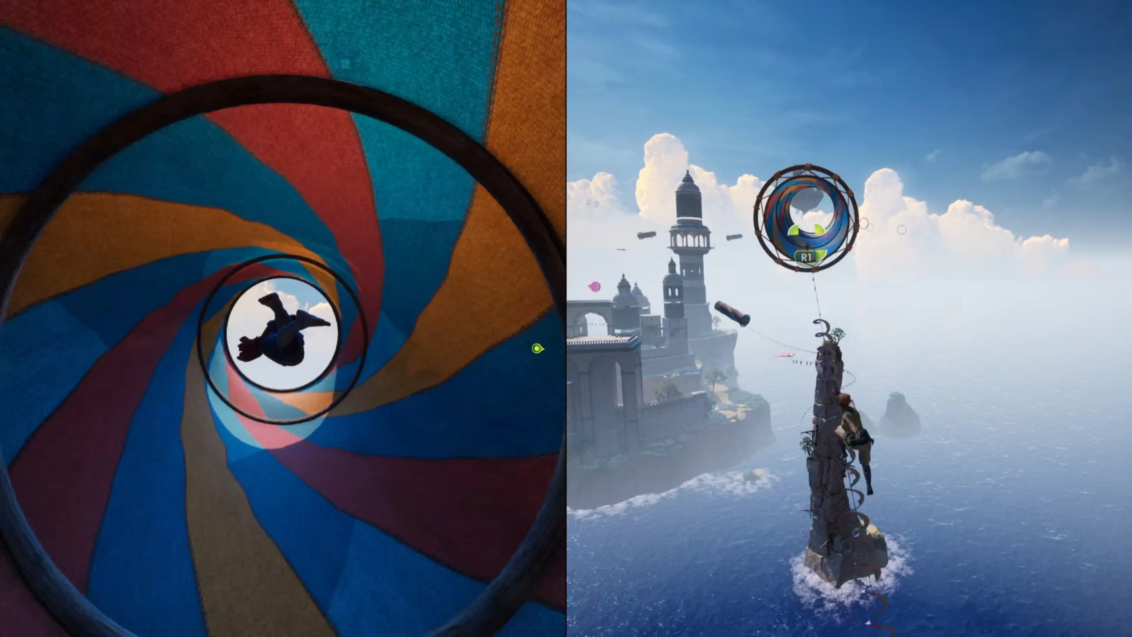 Nhân vật Zoe đang đu người vào một chiếc ống phóng trong màn chơi Kites của Split Fiction.