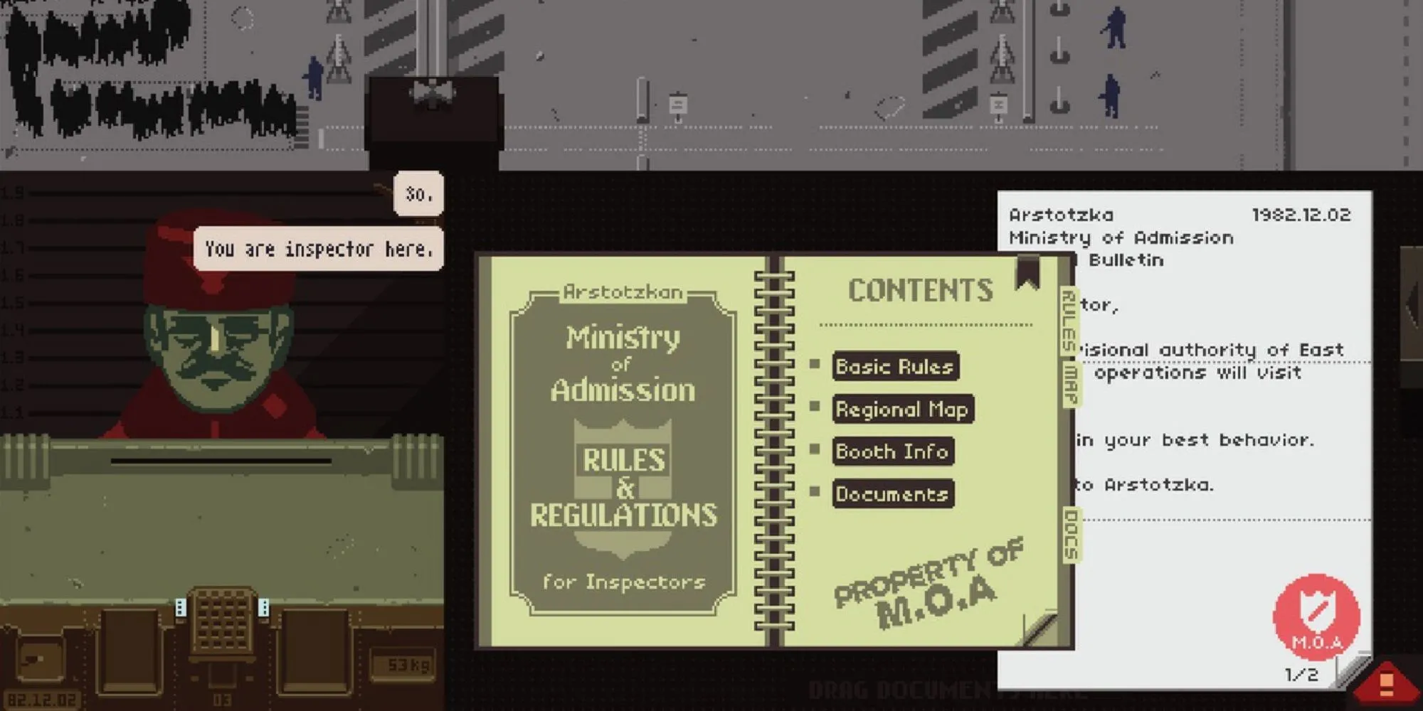 Nhân viên hải quan trong game Papers, Please đang đọc sổ quy định của Bộ Nhập Cư