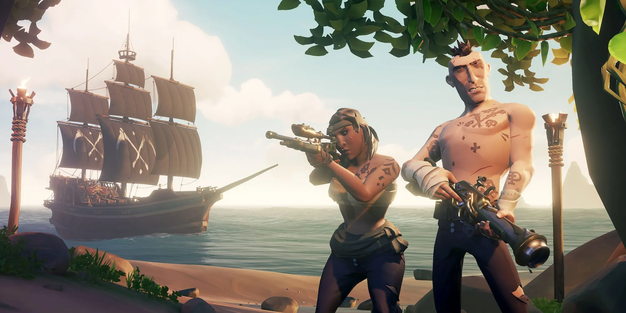Nhóm cướp biển trong Sea of Thieves đang ngắm bắn từ boong tàu giữa biển khơi