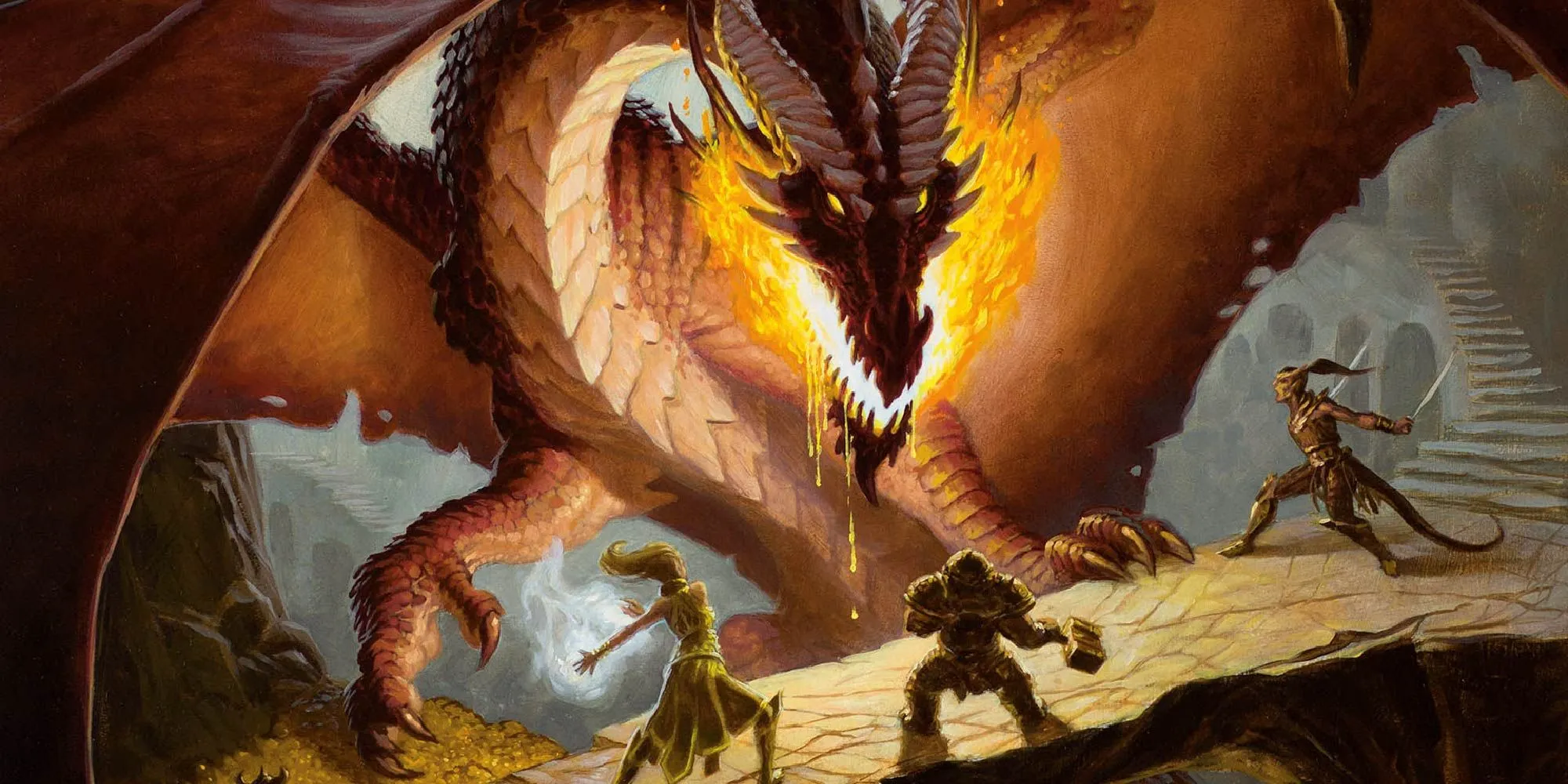 Nhóm nhà thám hiểm đối đầu với rồng đỏ hung dữ trong thế giới Dungeons &amp; Dragons