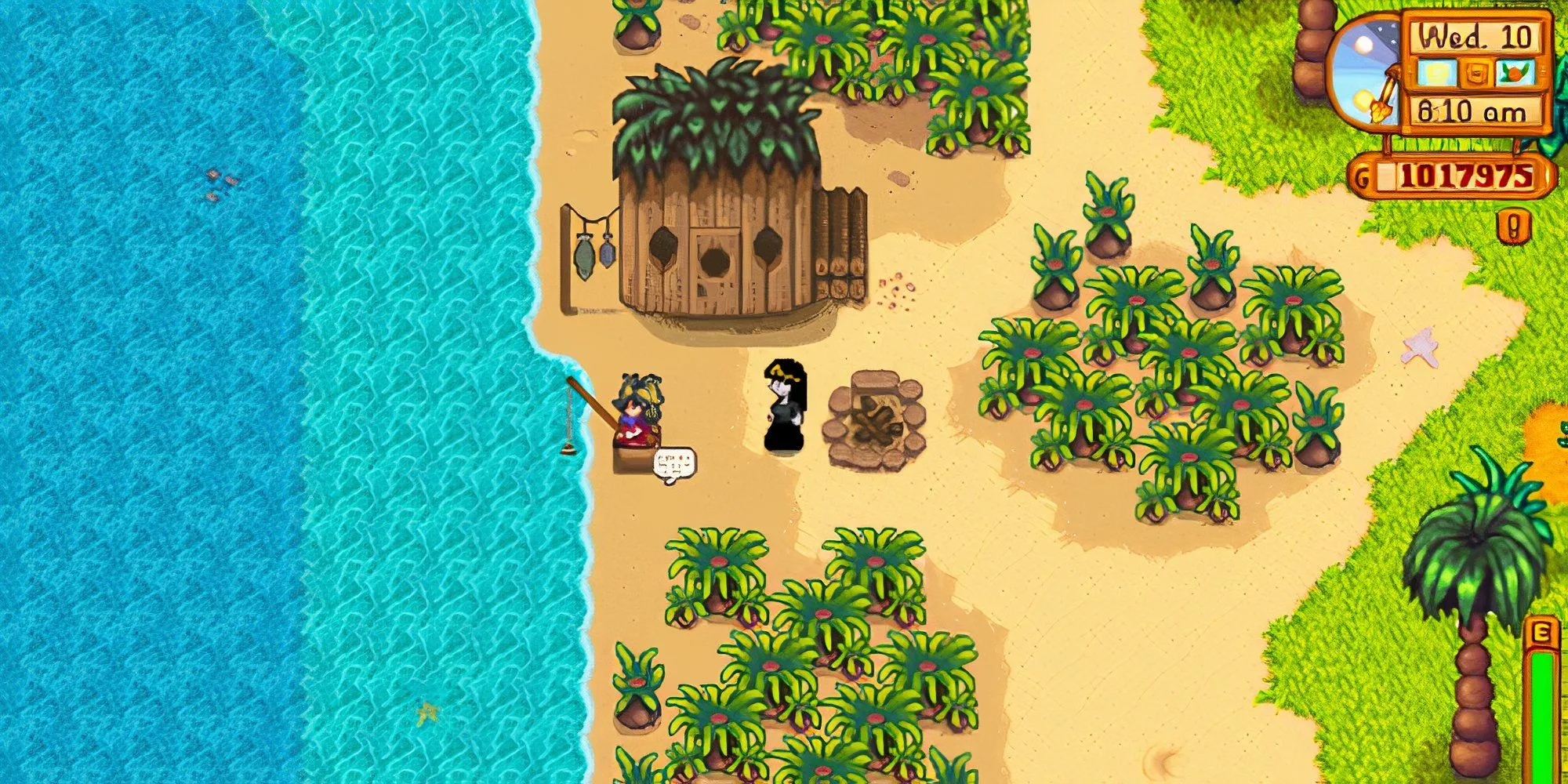 NPC Birdie đang câu cá bên ngoài túp lều của bà ở phía Tây Đảo Gừng trong Stardew Valley.