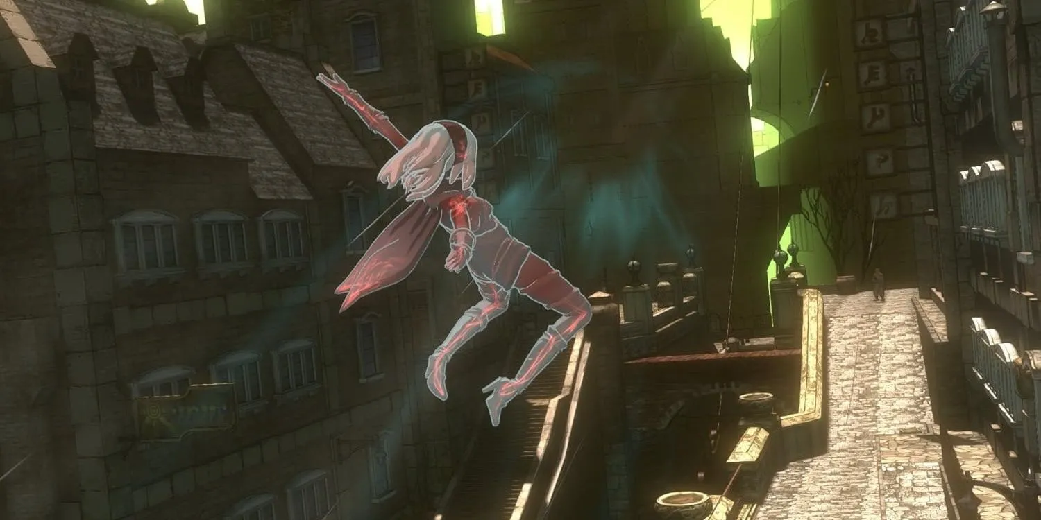 Nữ chính Kat sử dụng năng lực điều khiển trọng lực trong game Gravity Rush