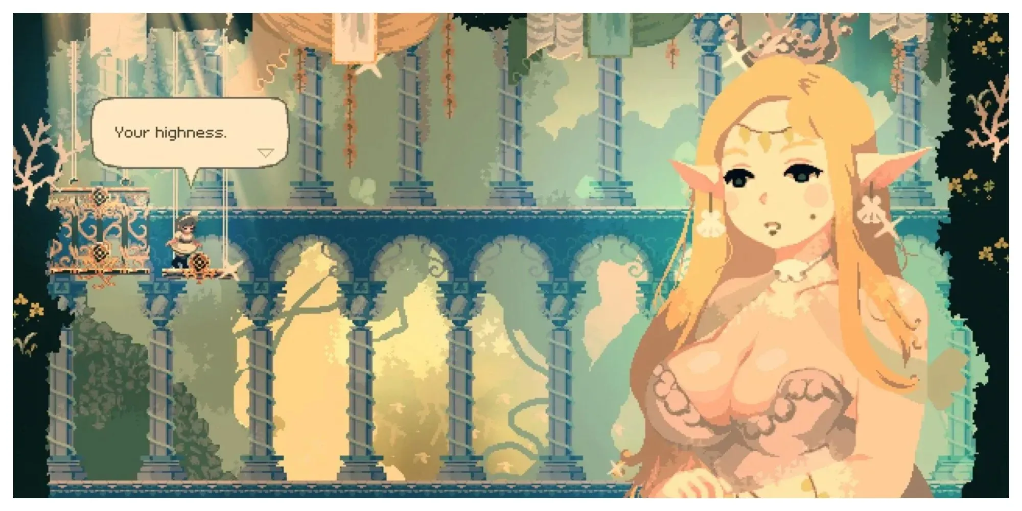 Nữ tu sĩ Momo chiến đấu trong Momodora Moonlit Farewell với đồ họa pixel art chi tiết