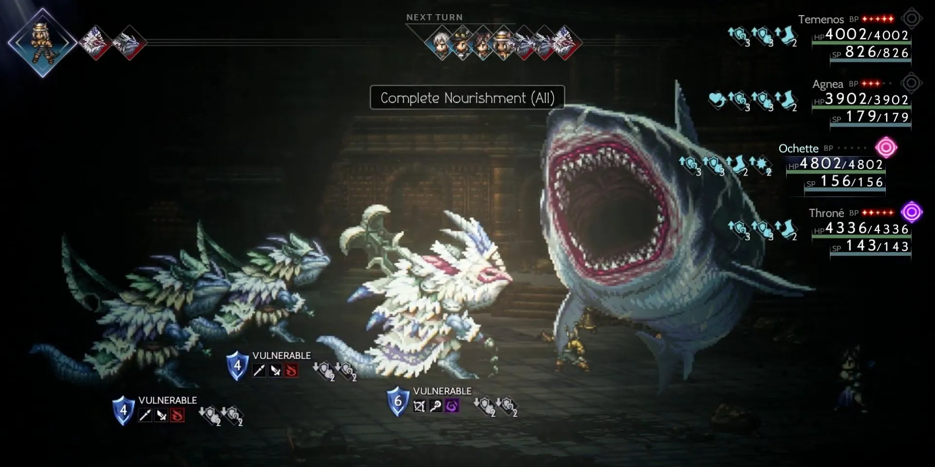 Ochette triệu hồi quái vật cá mập trong chiến đấu ở Octopath Traveler 2