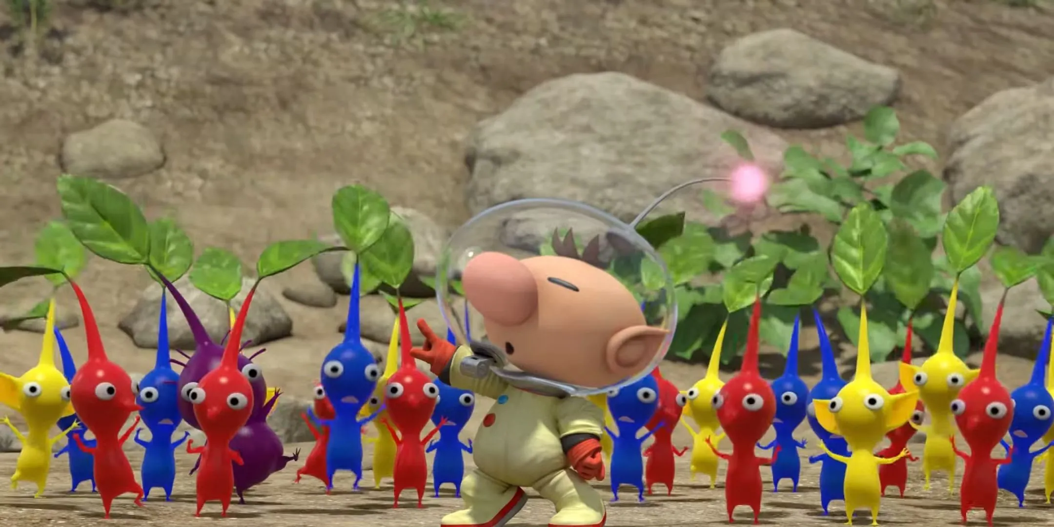 Olimar chỉ huy nhóm Pikmin đỏ, xanh, vàng, tím