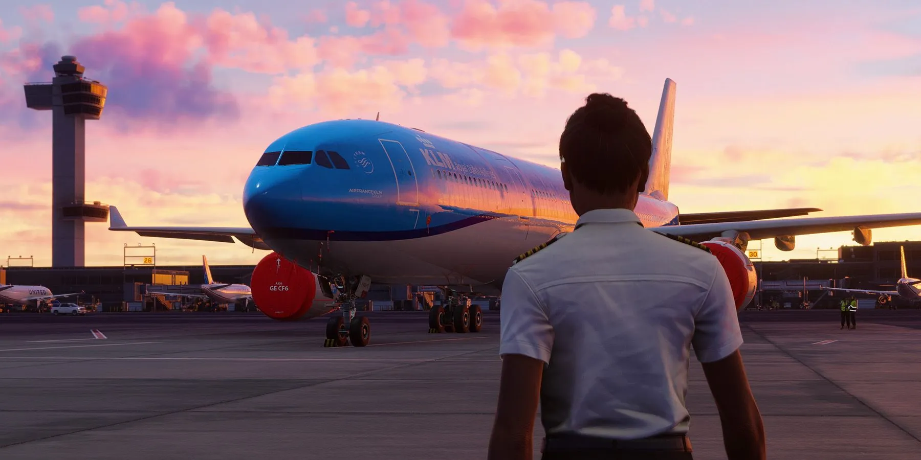 Phi công nhìn máy bay trên sân bay trong Microsoft Flight Simulator 2024